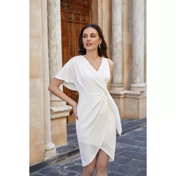 GRACE KARIN Summer Formal Midi Dresses for Women Wrap VNeck Asymmetrical Sleeve Rouched Bodycon Cocktail Dress Tie FrontIvory