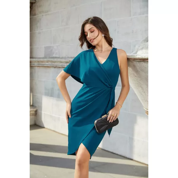 GRACE KARIN Summer Formal Midi Dresses for Women Wrap VNeck Asymmetrical Sleeve Rouched Bodycon Cocktail Dress Tie FrontPeacock Blue