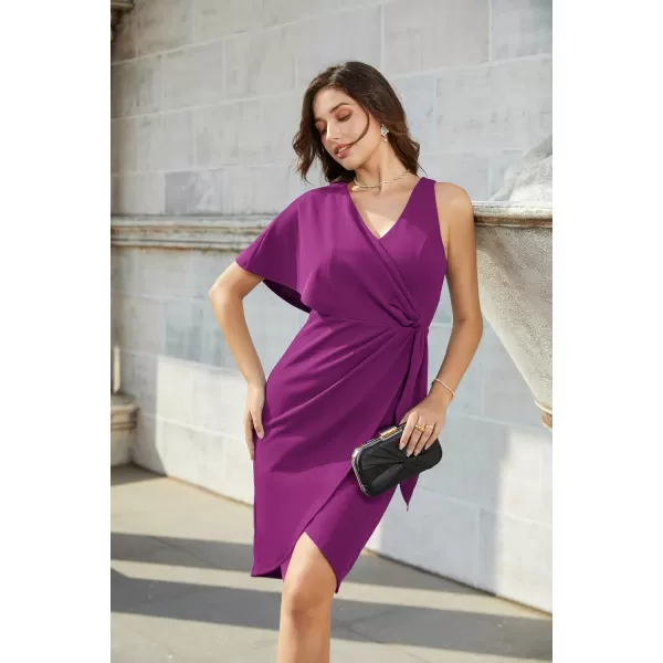 GRACE KARIN Summer Formal Midi Dresses for Women Wrap VNeck Asymmetrical Sleeve Rouched Bodycon Cocktail Dress Tie FrontPurple