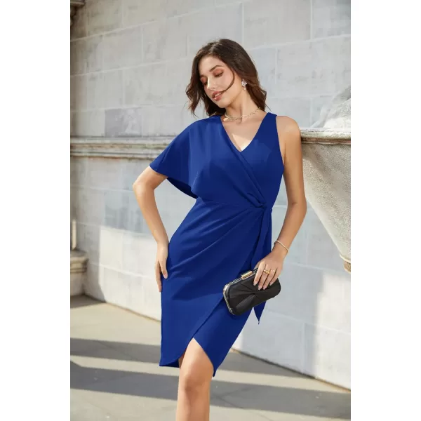 GRACE KARIN Summer Formal Midi Dresses for Women Wrap VNeck Asymmetrical Sleeve Rouched Bodycon Cocktail Dress Tie FrontRoyal Blue