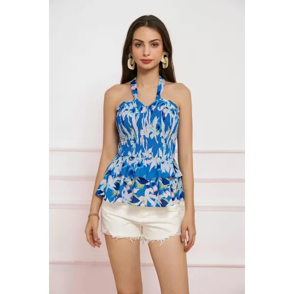 GRACE KARIN Summer Halter Tie Tank Tops for Women 2024 Casual Floral Beach Smocked Ruffle Peplum Top Cami BlouseBlue