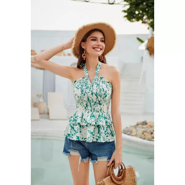 GRACE KARIN Summer Halter Tie Tank Tops for Women 2024 Casual Floral Beach Smocked Ruffle Peplum Top Cami BlouseGreen