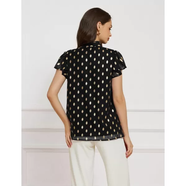 GRACE KARIN Summer Tops for Women 2024 Ruffle Sleeve Tie Neck Blouse Pleated Mock Neck Chiffon Business Casual ShirtBlack