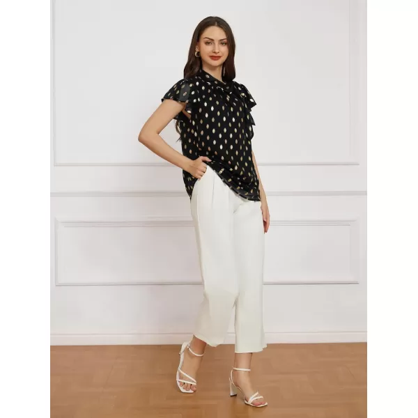 GRACE KARIN Summer Tops for Women 2024 Ruffle Sleeve Tie Neck Blouse Pleated Mock Neck Chiffon Business Casual ShirtBlack