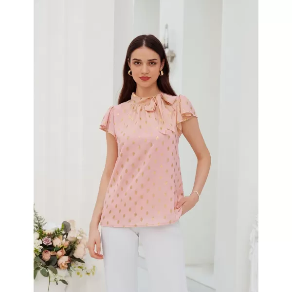 GRACE KARIN Summer Tops for Women 2024 Ruffle Sleeve Tie Neck Blouse Pleated Mock Neck Chiffon Business Casual ShirtPink