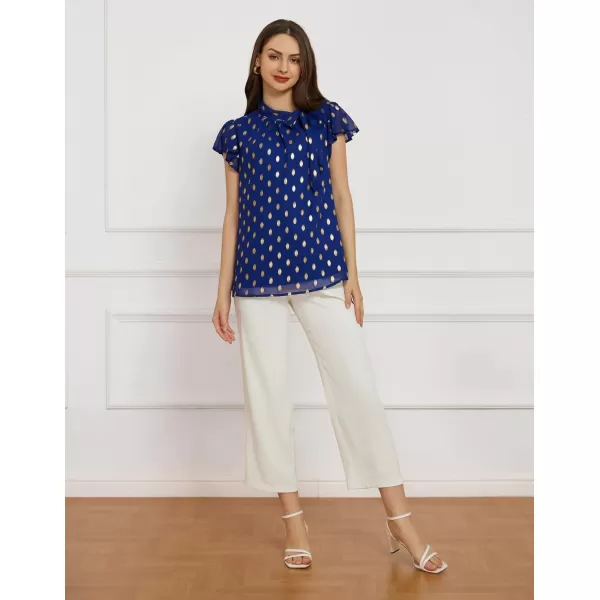 GRACE KARIN Summer Tops for Women 2024 Ruffle Sleeve Tie Neck Blouse Pleated Mock Neck Chiffon Business Casual ShirtRoyal Blue