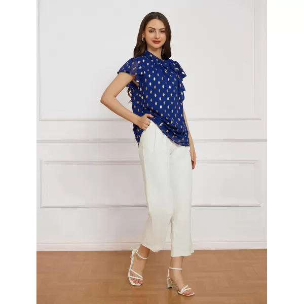 GRACE KARIN Summer Tops for Women 2024 Ruffle Sleeve Tie Neck Blouse Pleated Mock Neck Chiffon Business Casual ShirtRoyal Blue