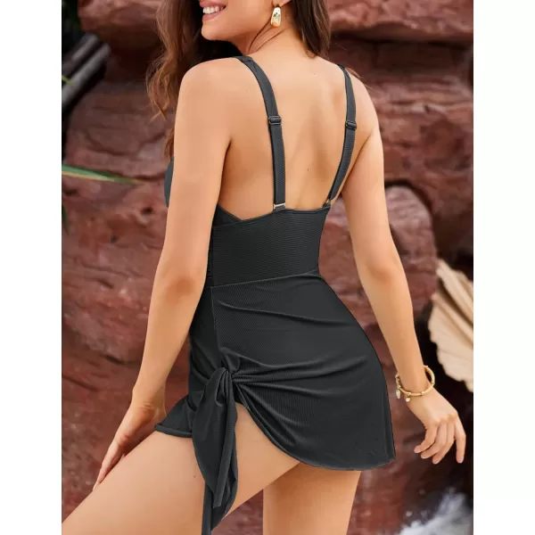 GRACE KARIN Swim Dress One Piece Swimsuit Women Tummy Control Bathing Suit Tie Knot V Neck Swimdress SwimwearBlack