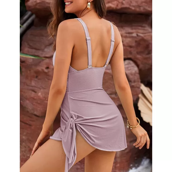 GRACE KARIN Swim Dress One Piece Swimsuit Women Tummy Control Bathing Suit Tie Knot V Neck Swimdress SwimwearDusty Pink