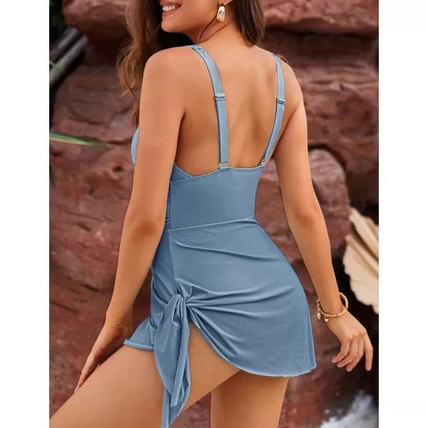 GRACE KARIN Swim Dress One Piece Swimsuit Women Tummy Control Bathing Suit Tie Knot V Neck Swimdress SwimwearHaze Blue