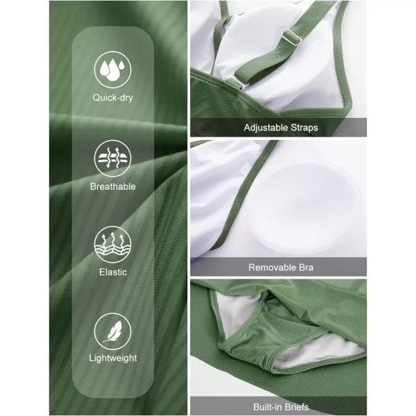 GRACE KARIN Swim Dress One Piece Swimsuit Women Tummy Control Bathing Suit Tie Knot V Neck Swimdress SwimwearOlive Green