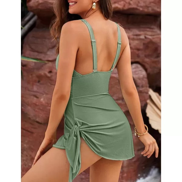 GRACE KARIN Swim Dress One Piece Swimsuit Women Tummy Control Bathing Suit Tie Knot V Neck Swimdress SwimwearOlive Green
