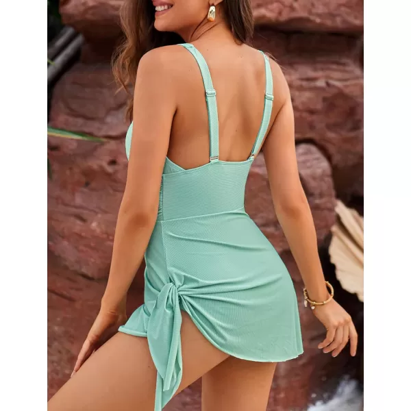 GRACE KARIN Swim Dress One Piece Swimsuit Women Tummy Control Bathing Suit Tie Knot V Neck Swimdress SwimwearSage Green