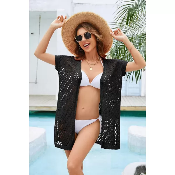 GRACE KARIN Swimsuit Coverup for Women Crochet Knit Long OpenFront Cardigan Short Sleeve Beach Cover ups for SwimwearBlack