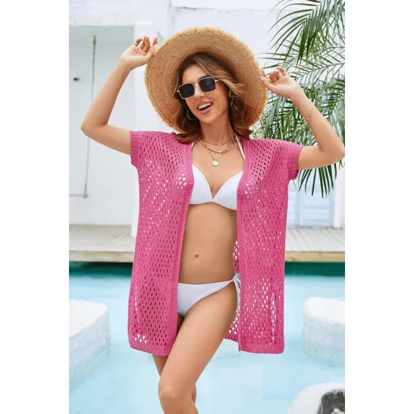 GRACE KARIN Swimsuit Coverup for Women Crochet Knit Long OpenFront Cardigan Short Sleeve Beach Cover ups for SwimwearRose Red