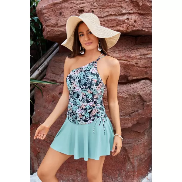 GRACE KARIN Tankini Bathing Suit for Women Two Piece Swimsuit One Shoulder Top Swim Skirt Shorts Bikini SetsBlack Flower