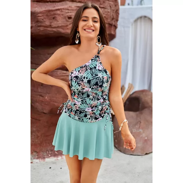 GRACE KARIN Tankini Bathing Suit for Women Two Piece Swimsuit One Shoulder Top Swim Skirt Shorts Bikini SetsBlack Flower