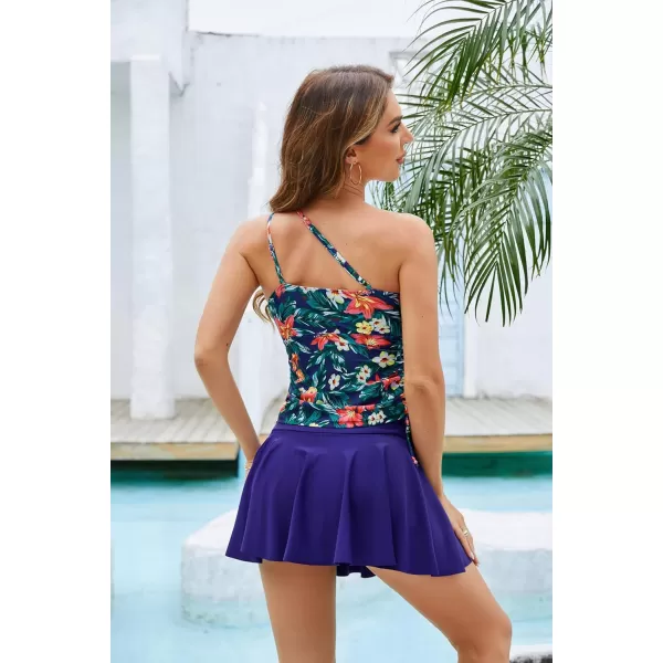 GRACE KARIN Tankini Bathing Suit for Women Two Piece Swimsuit One Shoulder Top Swim Skirt Shorts Bikini SetsNavy Flower