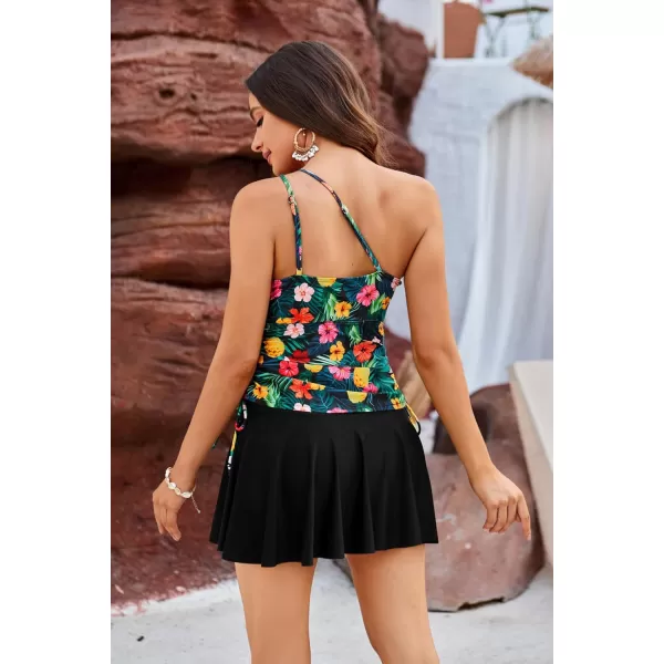 GRACE KARIN Tankini Bathing Suit for Women Two Piece Swimsuit One Shoulder Top Swim Skirt Shorts Bikini SetsPineapple Flower