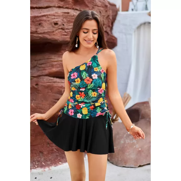 GRACE KARIN Tankini Bathing Suit for Women Two Piece Swimsuit One Shoulder Top Swim Skirt Shorts Bikini SetsPineapple Flower