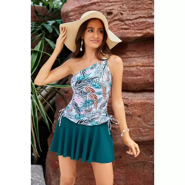 GRACE KARIN Tankini Bathing Suit for Women Two Piece Swimsuit One Shoulder Top Swim Skirt Shorts Bikini SetsWhite Leaf