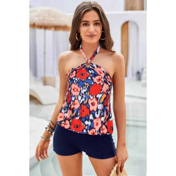 GRACE KARIN Tankini Bathing Suits for Women Two Piece Swimsuit with Shorts Halter Tie Up Neck Backless Floral Print SwimwearBlue Orange