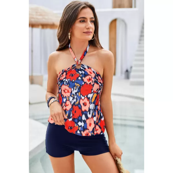 GRACE KARIN Tankini Bathing Suits for Women Two Piece Swimsuit with Shorts Halter Tie Up Neck Backless Floral Print SwimwearBlue Orange