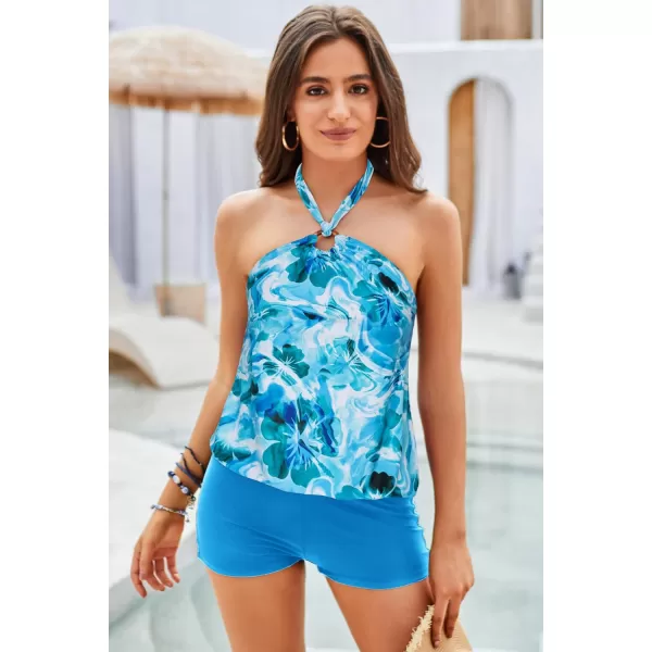 GRACE KARIN Tankini Bathing Suits for Women Two Piece Swimsuit with Shorts Halter Tie Up Neck Backless Floral Print SwimwearBlue White