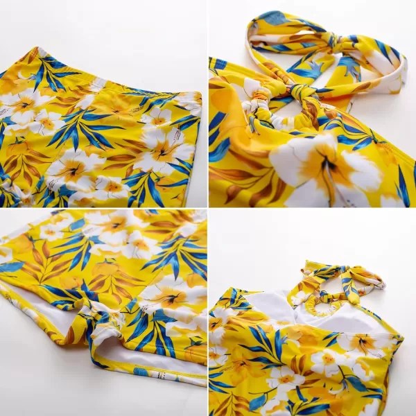 GRACE KARIN Tankini Bathing Suits for Women Two Piece Swimsuit with Shorts Halter Tie Up Neck Backless Floral Print SwimwearYellow