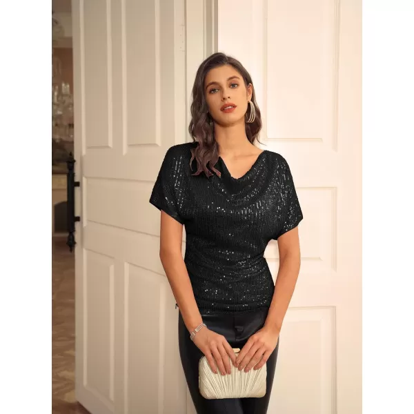 GRACE KARIN Women 2024 Summer Sequin Top Cowl Neck Batwing Sleeve Ruched Sparkly Glitter Party BlouseBlack