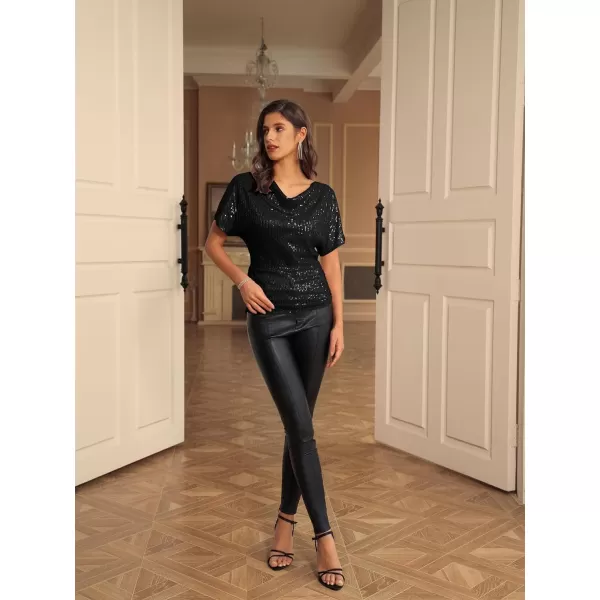 GRACE KARIN Women 2024 Summer Sequin Top Cowl Neck Batwing Sleeve Ruched Sparkly Glitter Party BlouseBlack