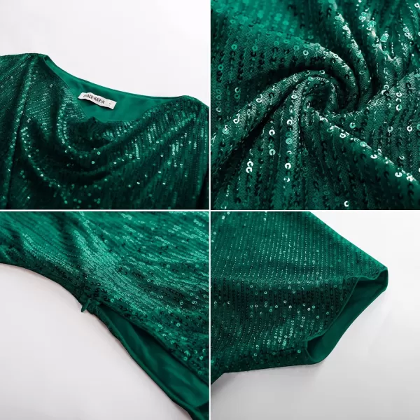 GRACE KARIN Women 2024 Summer Sequin Top Cowl Neck Batwing Sleeve Ruched Sparkly Glitter Party BlouseDark Green