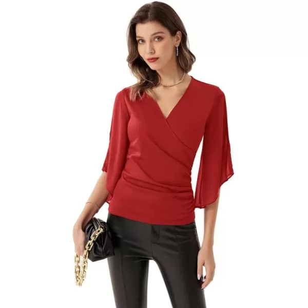 GRACE KARIN Women 34 Chiffon Sleeve Dressy Blouse Wrap Elastic Shirt Business Casual Party Flattering Tops 2023 FashionBright Red