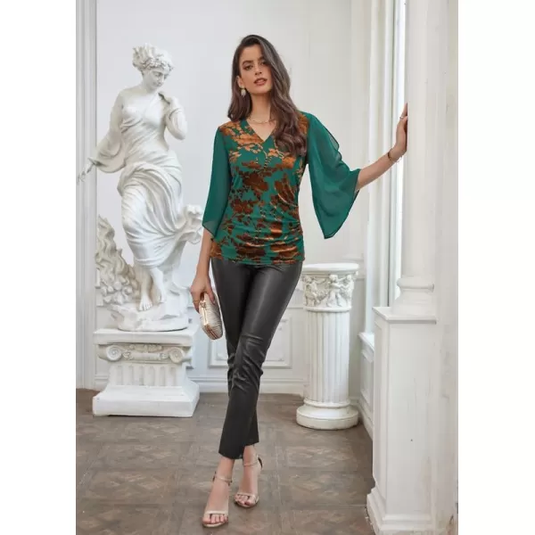 GRACE KARIN Women 34 Chiffon Sleeve Dressy Blouse Wrap Elastic Shirt Business Casual Party Flattering Tops 2023 FashionGreen Brown