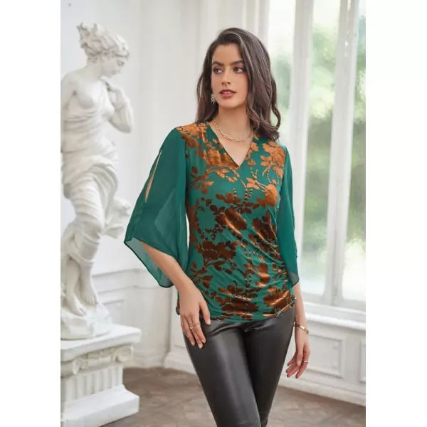 GRACE KARIN Women 34 Chiffon Sleeve Dressy Blouse Wrap Elastic Shirt Business Casual Party Flattering Tops 2023 FashionGreen Brown