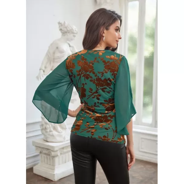 GRACE KARIN Women 34 Chiffon Sleeve Dressy Blouse Wrap Elastic Shirt Business Casual Party Flattering Tops 2023 FashionGreen Brown