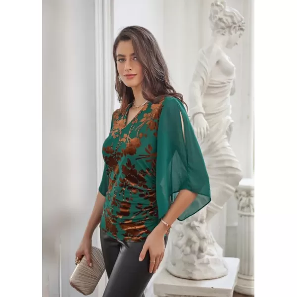 GRACE KARIN Women 34 Chiffon Sleeve Dressy Blouse Wrap Elastic Shirt Business Casual Party Flattering Tops 2023 FashionGreen Brown