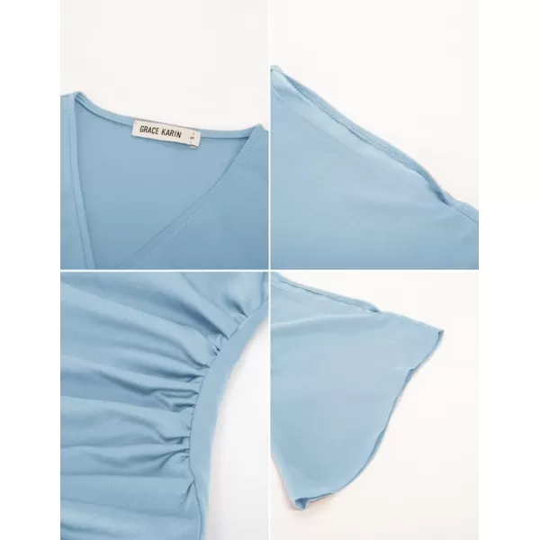 GRACE KARIN Women 34 Chiffon Sleeve Dressy Blouse Wrap Elastic Shirt Business Casual Party Flattering Tops 2023 FashionLight Blue