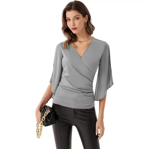 GRACE KARIN Women 34 Chiffon Sleeve Dressy Blouse Wrap Elastic Shirt Business Casual Party Flattering Tops 2023 FashionLight Grey