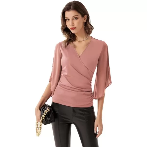 GRACE KARIN Women 34 Chiffon Sleeve Dressy Blouse Wrap Elastic Shirt Business Casual Party Flattering Tops 2023 FashionLightpink