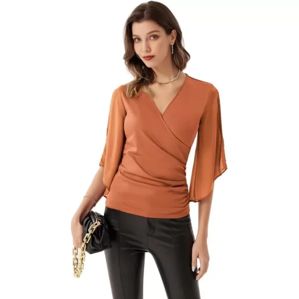 GRACE KARIN Women 34 Chiffon Sleeve Dressy Blouse Wrap Elastic Shirt Business Casual Party Flattering Tops 2023 FashionOrange