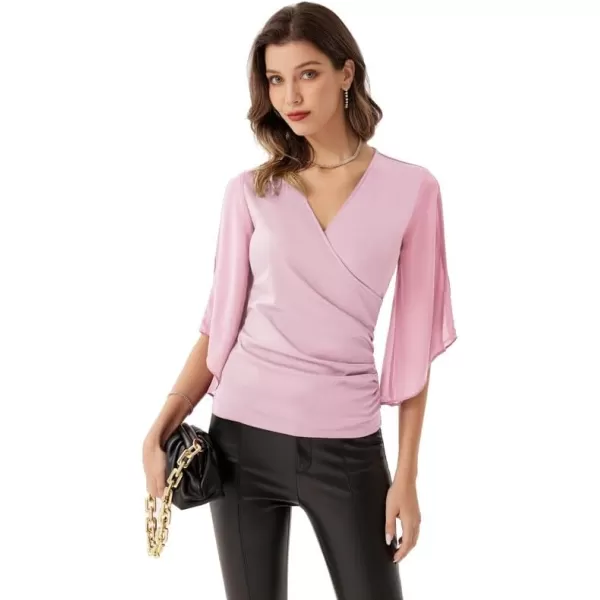 GRACE KARIN Women 34 Chiffon Sleeve Dressy Blouse Wrap Elastic Shirt Business Casual Party Flattering Tops 2023 FashionPurple Pink