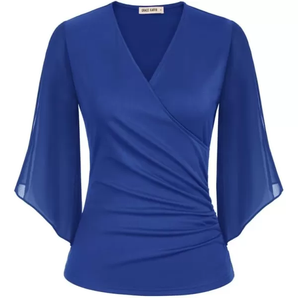 GRACE KARIN Women 34 Chiffon Sleeve Dressy Blouse Wrap Elastic Shirt Business Casual Party Flattering Tops 2023 FashionRoyal Blue