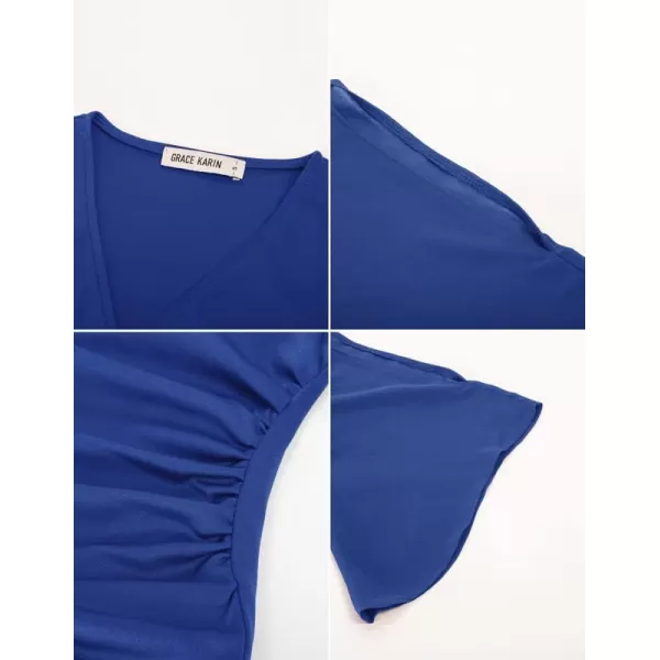 GRACE KARIN Women 34 Chiffon Sleeve Dressy Blouse Wrap Elastic Shirt Business Casual Party Flattering Tops 2023 FashionRoyal Blue