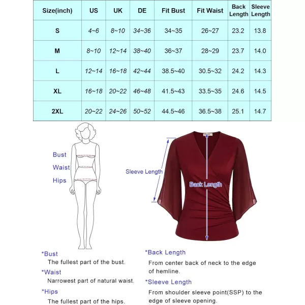 GRACE KARIN Women 34 Chiffon Sleeve Dressy Blouse Wrap Elastic Shirt Business Casual Party Flattering Tops 2023 FashionWine Red