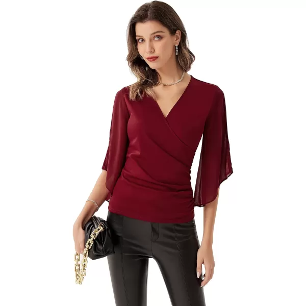 GRACE KARIN Women 34 Chiffon Sleeve Dressy Blouse Wrap Elastic Shirt Business Casual Party Flattering Tops 2023 FashionWine Red