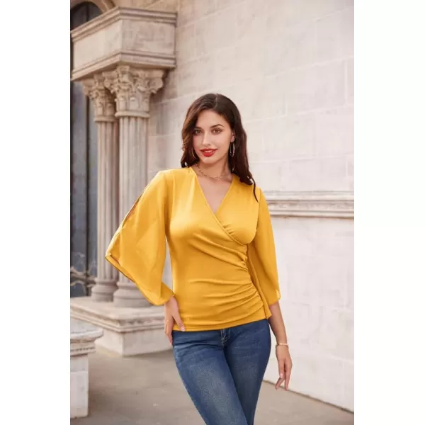 GRACE KARIN Women 34 Chiffon Sleeve Dressy Blouse Wrap Elastic Shirt Business Casual Party Flattering Tops 2023 FashionYellow