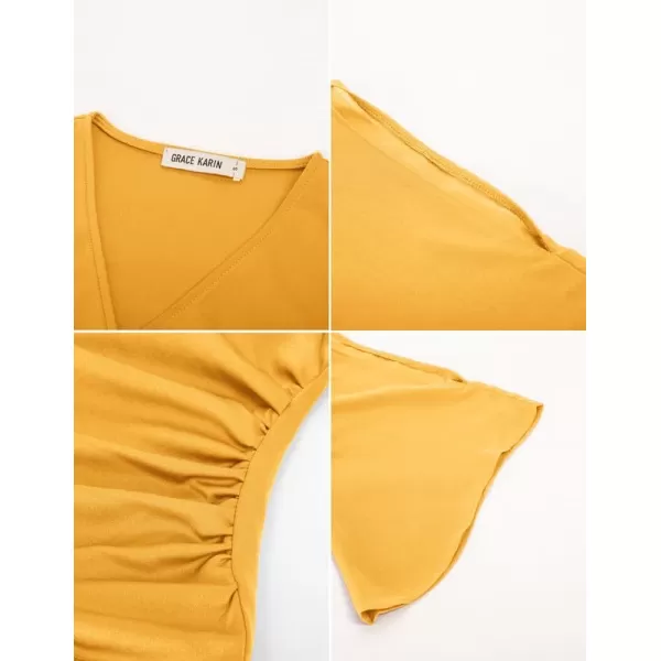 GRACE KARIN Women 34 Chiffon Sleeve Dressy Blouse Wrap Elastic Shirt Business Casual Party Flattering Tops 2023 FashionYellow