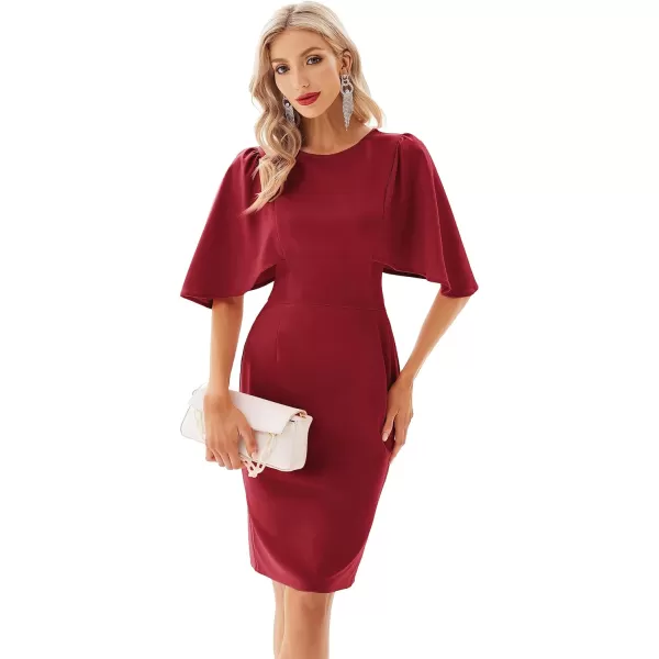 GRACE KARIN Women 34 Ruffle Sleeve Slim Fit Business Pencil DressWine Red