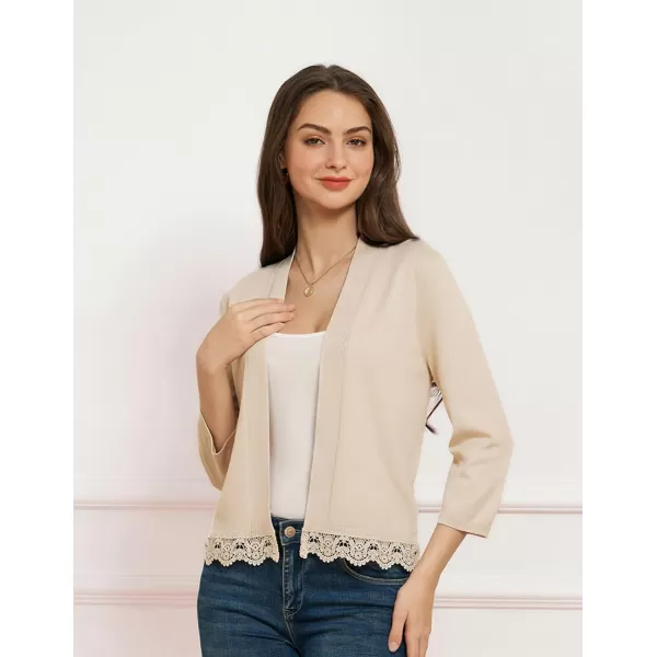 GRACE KARIN Women 34 Sleeve Cropped Cardigan Open Front V Neck Lace Lightweight Bolero Short Shrugs 2024Khaki